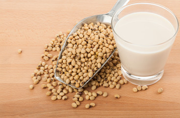 Soy milk in glass with soybeans and  transfer scoop