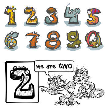 Cartoon Animal Numbers. With number Two for coloring.