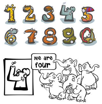 Cartoon Animal Numbers. With number Four for coloring.