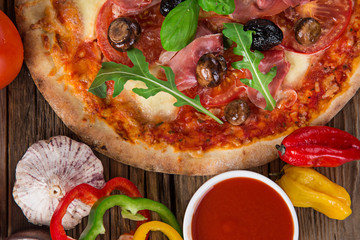 Delicious italian pizza served on wooden table