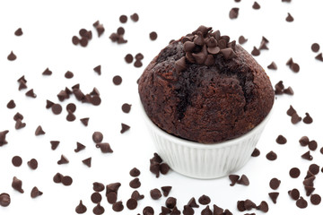 Muffin with chocolate chips on white