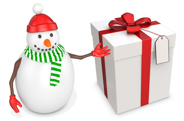 3d snowman with a big present