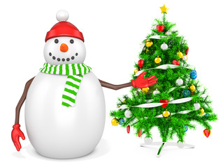3d snowman with a christmas tree