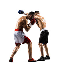 Two professionl boxers are fighting on the white