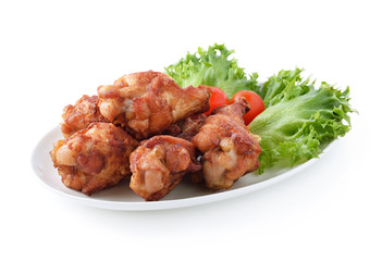 Fried Chicken and salad on white background
