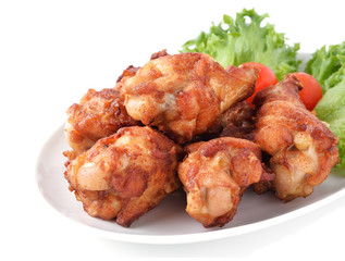Fried Chicken and salad on white background