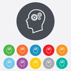 Head with gears sign icon. Male human head.