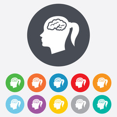 Head with brain sign icon. Female woman head