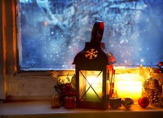 Warm Lantern on Frozen Window,Winter Magic
