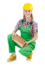 Woman with bricks isolated on white
