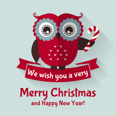Christmas card with flat owl and ribbon. Vector illustration.