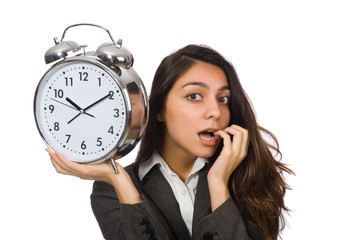 Businesswoman with clock missing her deadlines