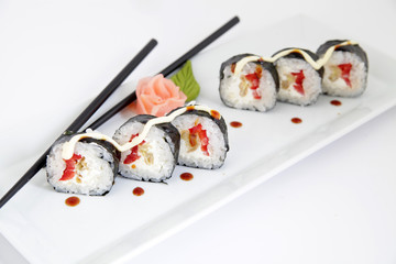 Hosomaki, tempura and red pepper. Traditional japanese food