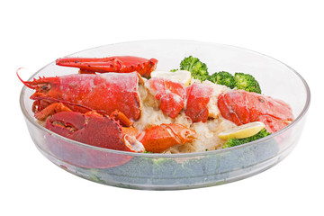 Baked lobster with cheese isolation on white.