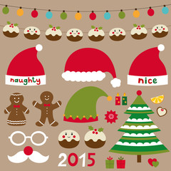 Obraz na płótnie Canvas Christmas set - decoration, Santa and and elf hats