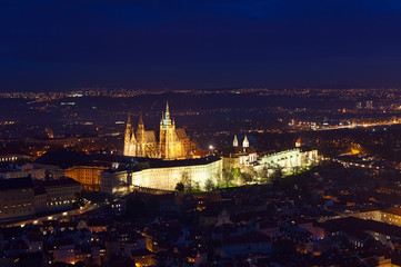 St Vitus Cathedral in Prague lit up at night.