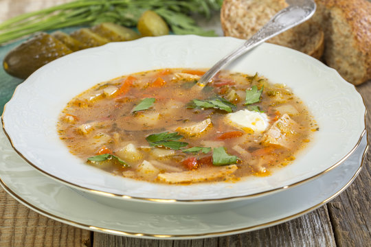 Plate with traditional Russian soup.