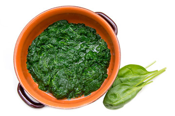 Spinach cooked in the pan on a white background seen from above