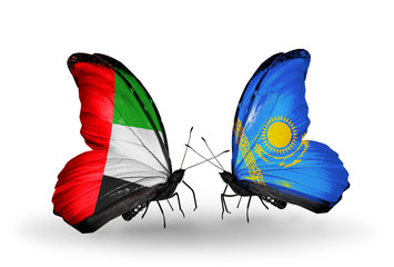 Two butterflies with flags UAE and Kazakhstan
