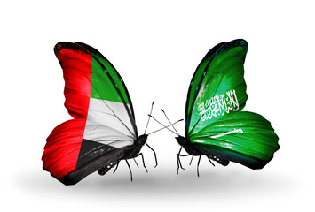 Two butterflies with flags UAE and Saudi Arabia
