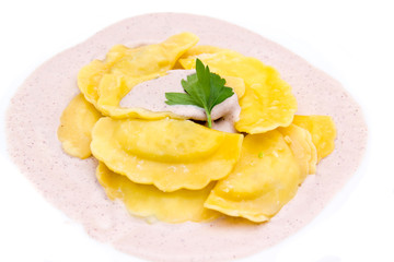 Ravioli with sauce radicchio seen up close