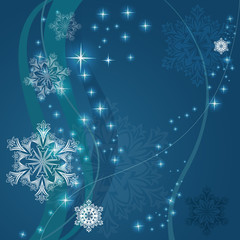 Christmas blue background with snowflake shapes.