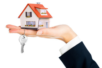 give house and key - concept of real estate purchase - obrazy, fototapety, plakaty