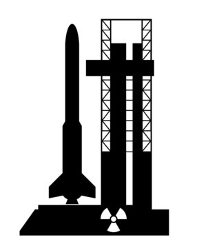 Fusée spatiale au décollage et un symbole nucléaire