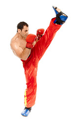 Muay thai trainer executing a kick