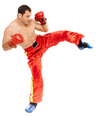 Muay thai trainer executing a kick