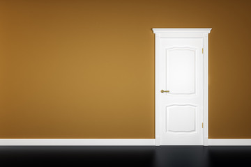 Naklejka premium Closed white door on brown wall