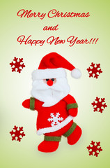 Card with Santa Claus, red snowflakes and text