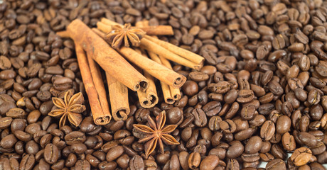 Coffee beans. Three anise stars. Lots of sticks of cinnamon. Sha