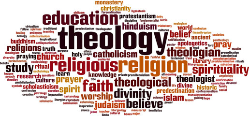 Theology word cloud concept. Vector illustration - obrazy, fototapety, plakaty