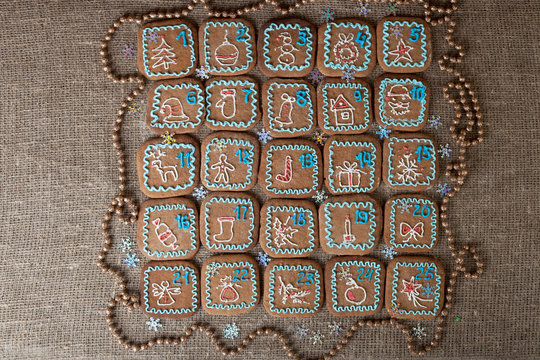 advent calendar, Christmas handmade gingerbread painted icing