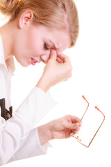 Obraz na płótnie Canvas Headache. Woman suffering from head pain isolated.