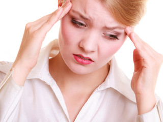 Headache. Woman suffering from head pain isolated.