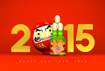 Kadomatsu, Daruma Doll, 2015, Greeting On Red