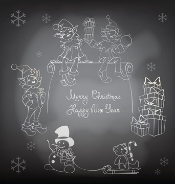 Christmas Santa Elf design shalk black board