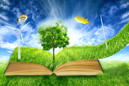 green micro world, book covered green grass wind energy turbines