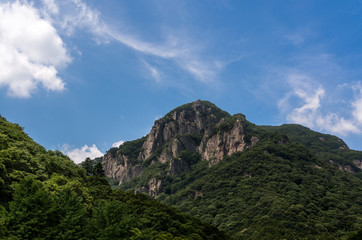 Fototapeta na wymiar Mountain top view during summer under blue sky.