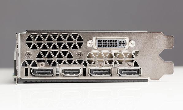 professional gaming graphic card, connectors panel front view