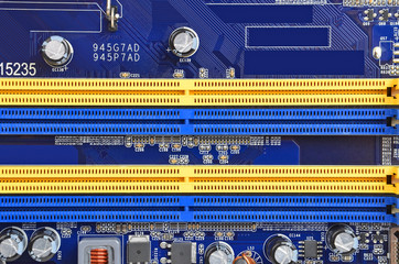 Printed computer motherboard with microcircuit, close up