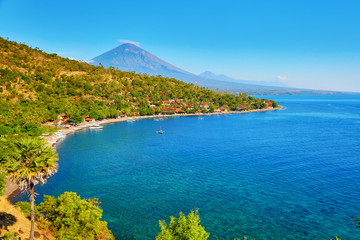 Naklejka premium View of Agung volcano from Amed village, Bali