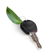 Car key with green leaf trinket isolated on white