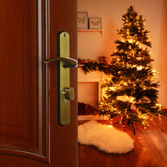 Open door with decorated Christmas tree in room