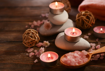 Composition of spa treatment on wooden background