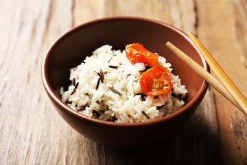 Tasty rice served on table, close-up