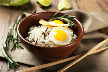 Tasty rice served on table, close-up