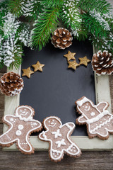 Black board for text and gingerbread man, christmas concept
